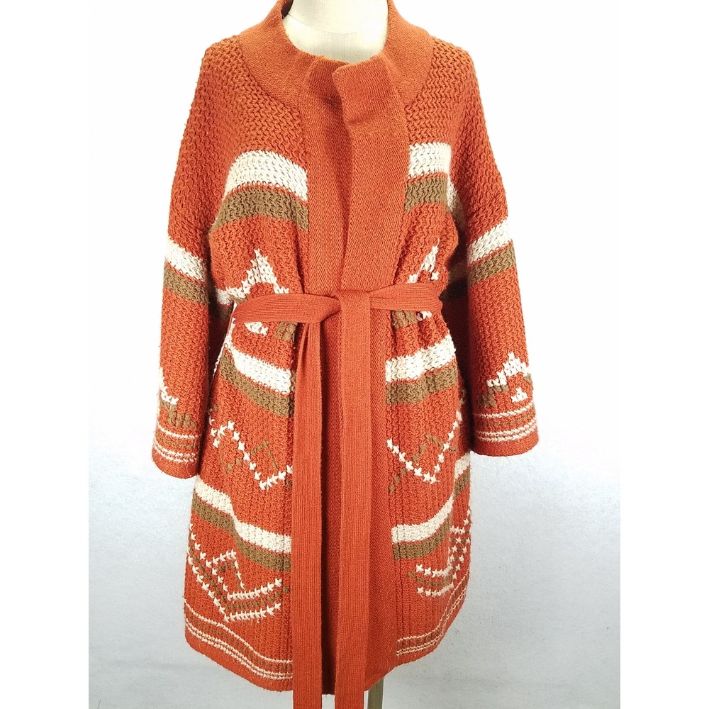 THEME Southwestern Belted Cardigan Women M Orange Wool Blend TMK087# Boho Knit